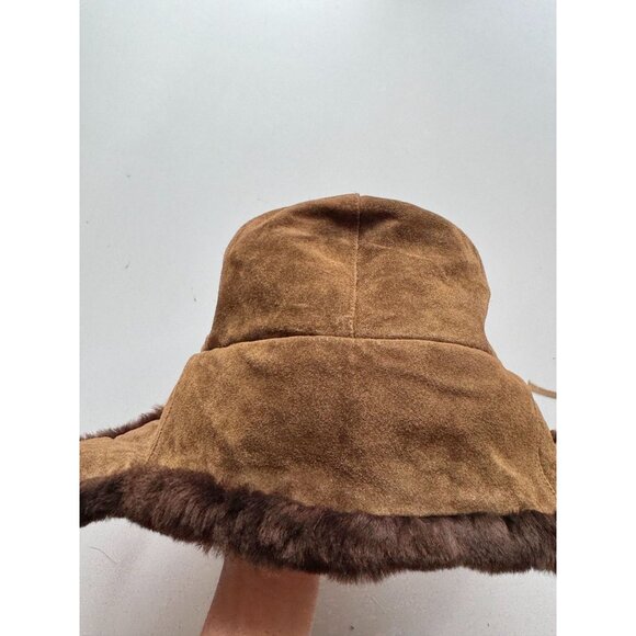 Vintage Dark Brown Suede Leather Faux Fur Trapper Hat, Size 59 - Picture 8 of 12